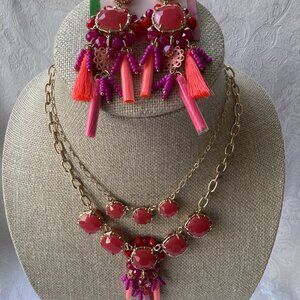 Lilly Pulitzer Goldtone Red Pink Bead Tassel Statement Necklace Earring SET NEW